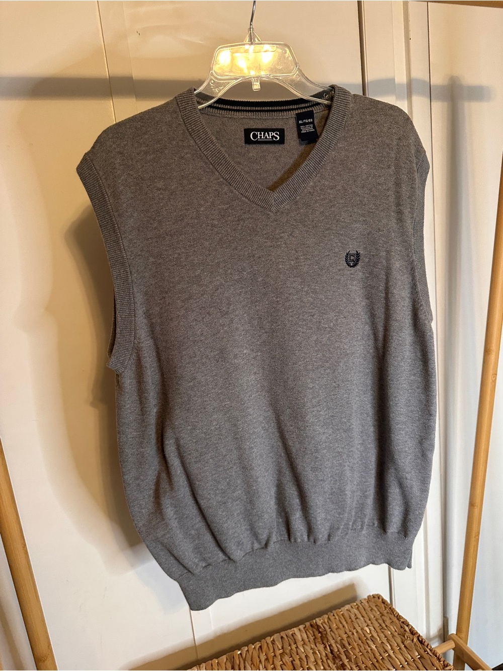 Chaps Men's Gray V-Neck Sweater Vest with Embroidered Logo